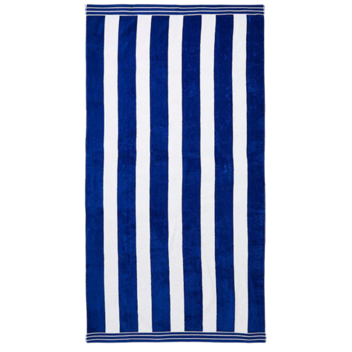 Serviette de plage bleue à rayures blanches