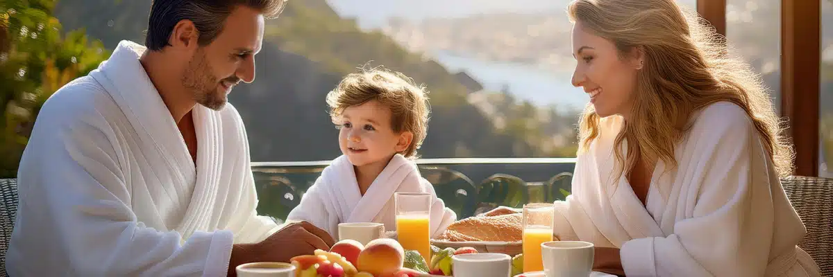 famille en peignoir au petit déjeuner